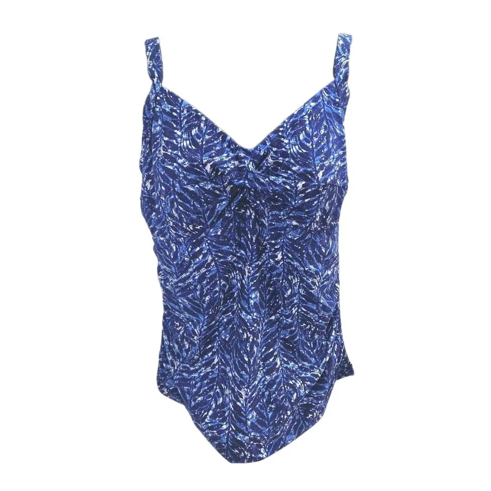 LL Bean Swim Top Tankini Women Sz 18 Padded Bra Blue White Adjustable UPF 50+